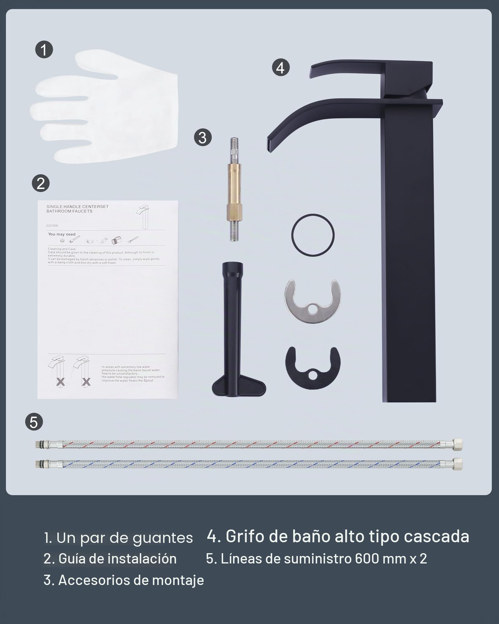Grifo de cascada para baño negro, mezclador de lavabo monomando de acero inoxidable. Altura de salida 224 mm. Grifo de lavabo para 1 orificio, mezclador de recipiente con mangueras de agua de 60