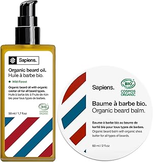 Sapiens Duo Soin Barbe Homme Bio - Fabriqué en France - Huile à Barbe 50 ml + Baume à Barbe 60 ml - Soins Huile de Ricin Barbe Homme - Favorise la Pousse Barbe et Hydrate