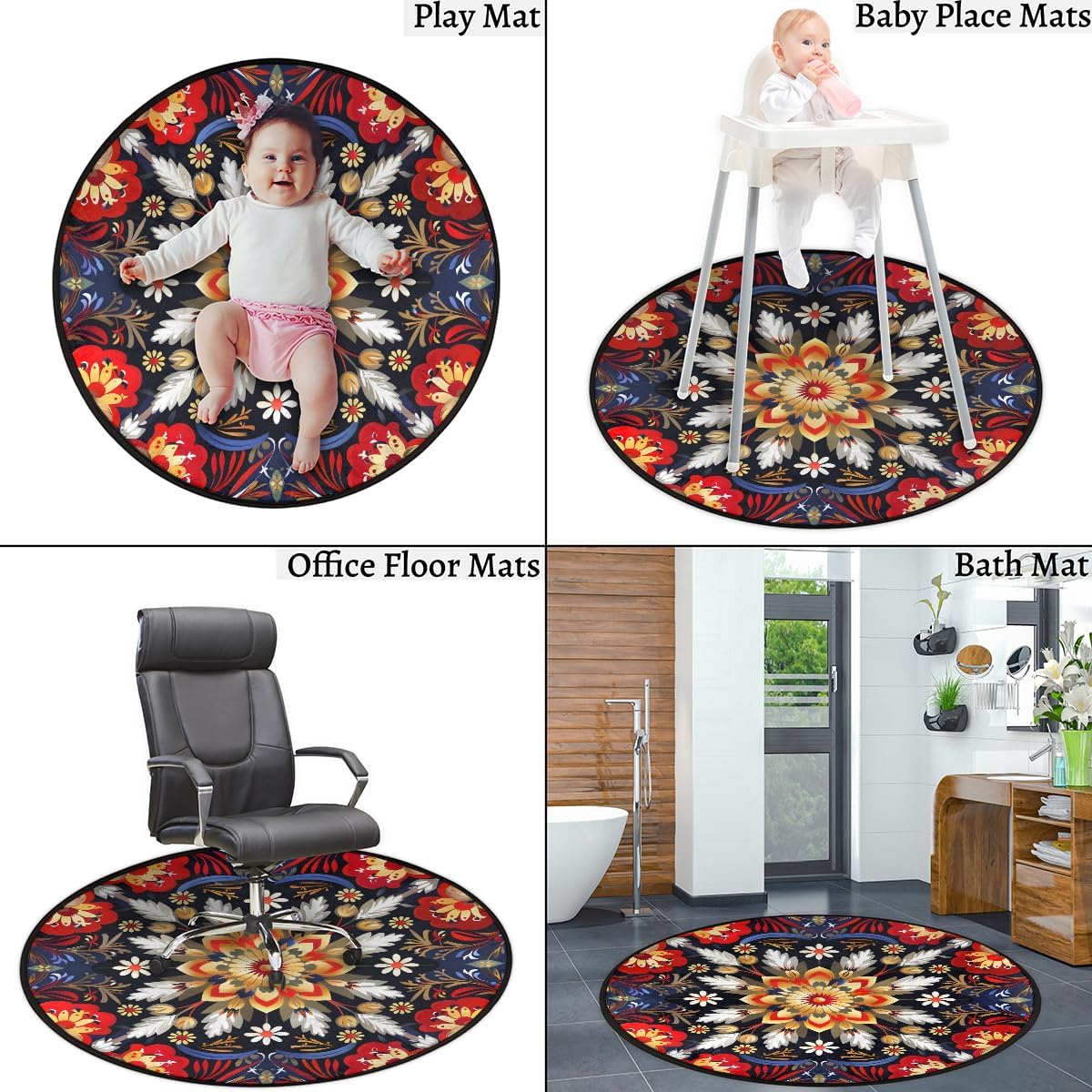 Round Rug 5ft Indoor Circle Area Rug Mandala Flower Non Slip Washable Easy -Cleaning Soft Throw Rugs Floor Carpet for Farmhouse Living Room Bedroom Nursery Room Dining Room