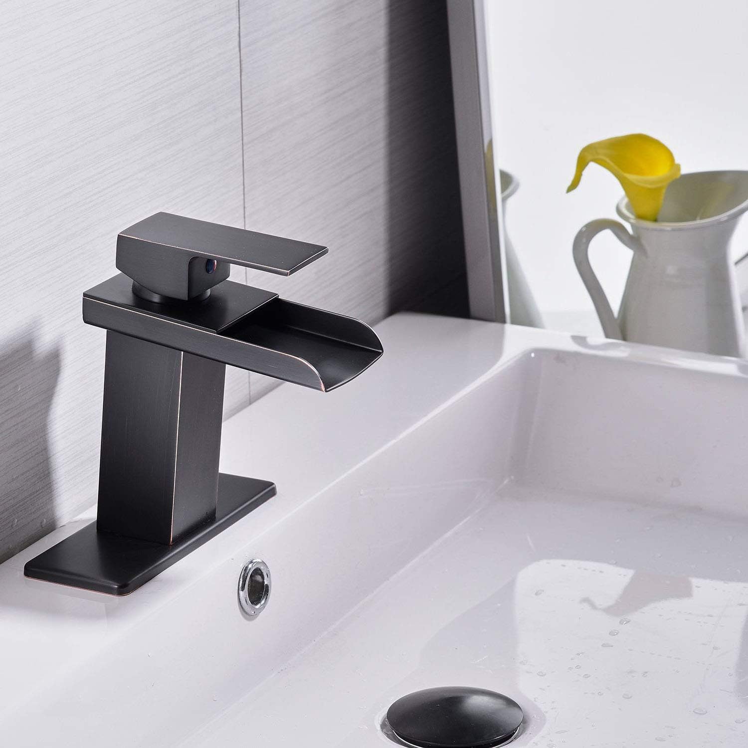 Bathfinesse Oil Rubbed Bronze Bathroom Faucet Waterfall Faucet for Sink 1 Hole Single-Handle Vanity Faucet Modern Style Commercial Deck Mount Contemporary Lavatory Pedestal Basin Supply Line Lead-Free : Everything Else