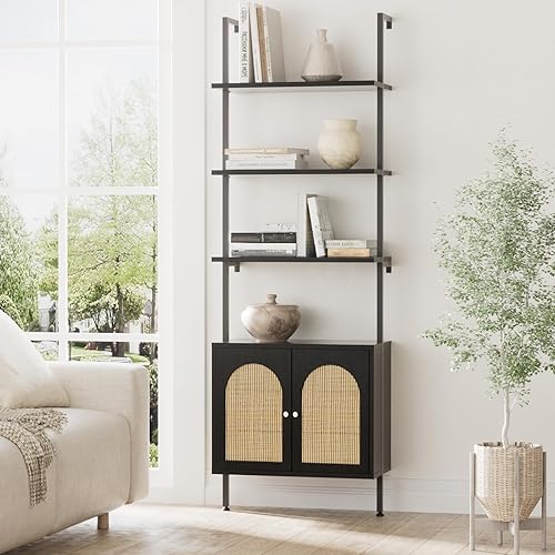 Miniatura 14 de Estantería de escalera con gabinete, estantería de pared de 71 pulgadas de alto con estantes y almacenamiento, estante de escalera estriado con