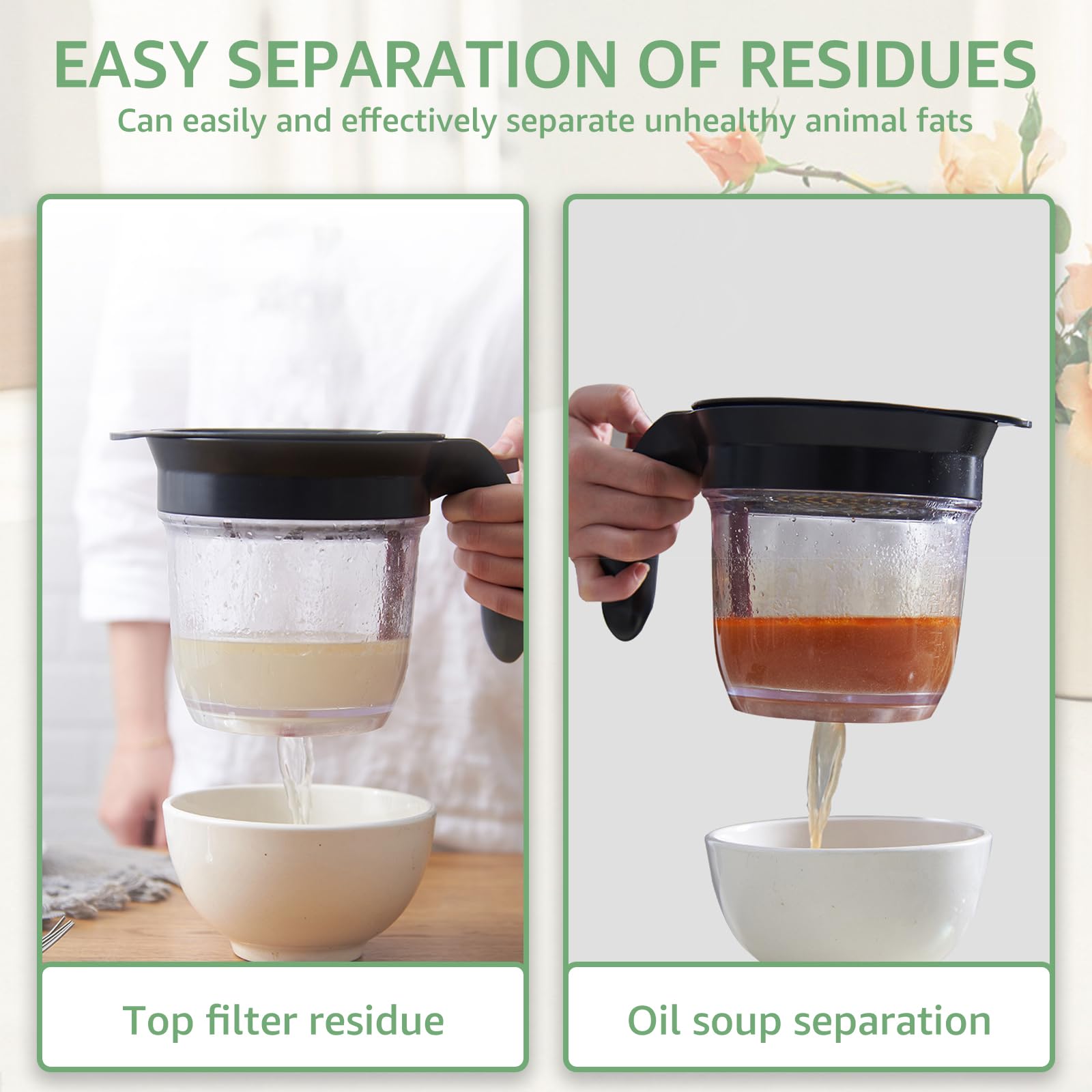 Fat Separator with Bottom Release and Oil Strainer Gravy Separator 4 Cups or 1000ml Fat Strainer Measuring Cup Plastic Soup Oil Separator Fat Skimmer for Gravy Sauces and Other Liquids Black