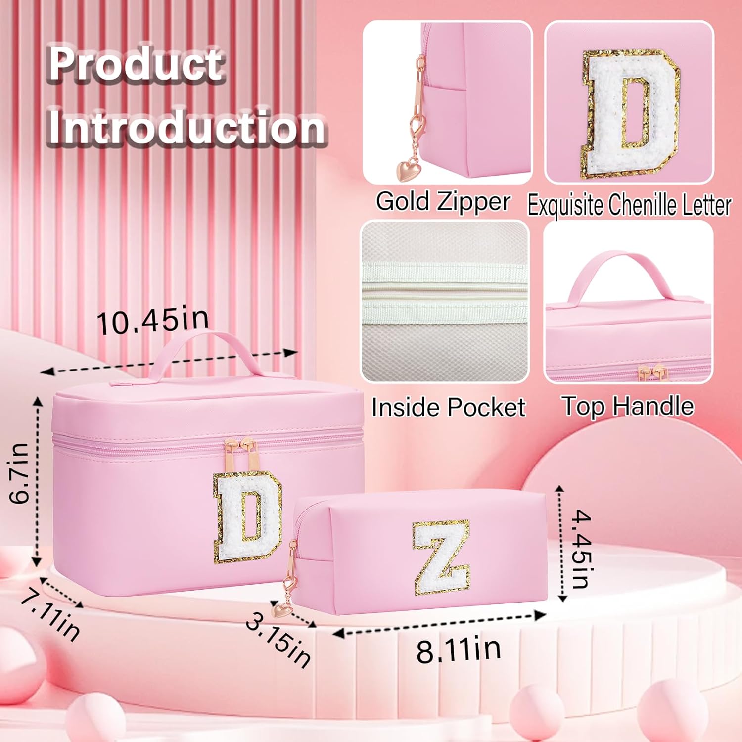 initial makeup bag, 2pcs initial makeup cosmetic toiletry bags for women girls, Leather custom monogram personalized cosmetic bag, Birthday Gifts for 4 5 6 7 8 9 10 11 12 Year Old (R) - Image 3