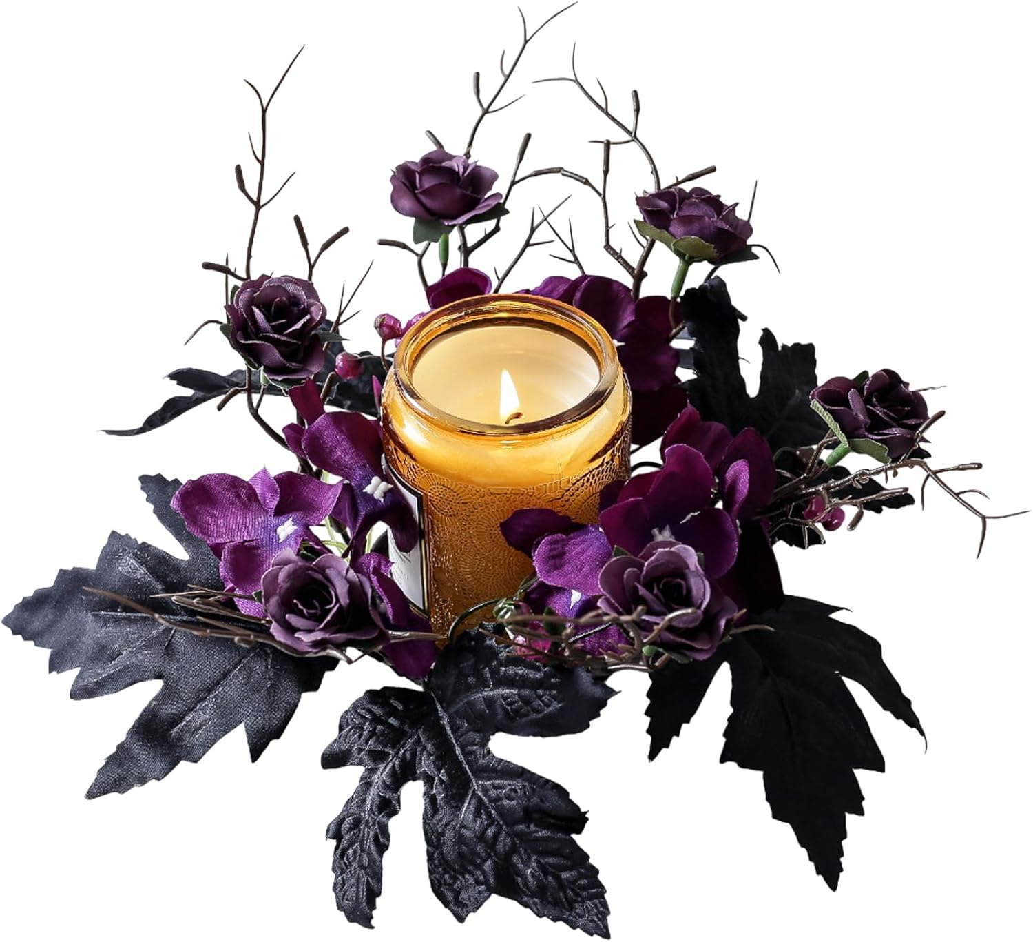 Halloween Candle Ring Artificial Flower Wreath Black Purple Floral Candle Holder 9.84” Tables Centerpieces Home Kitchen Farmhouse Decor 1
