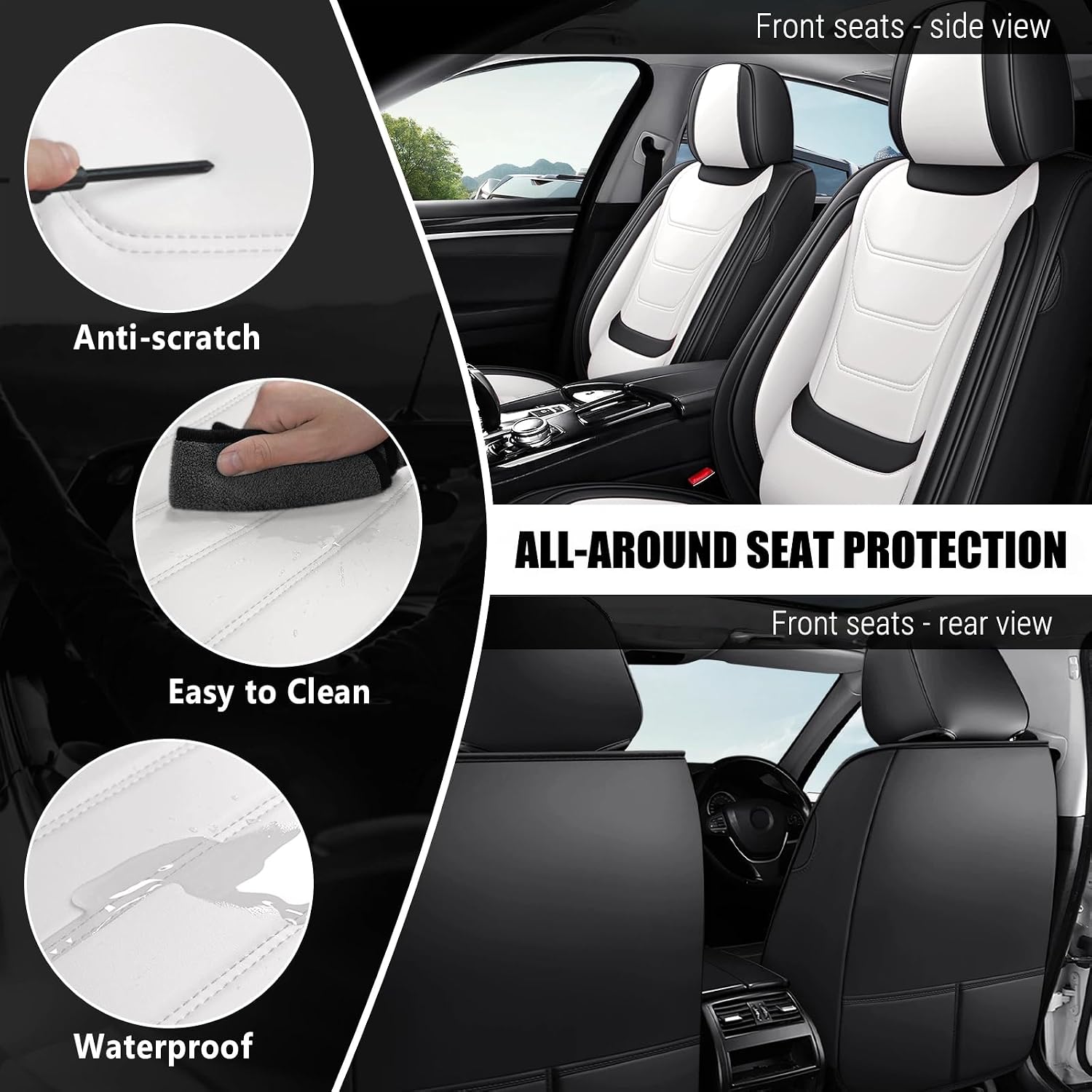 Car Seat Covers Fit for Honda Civic 2000-2026, Waterproof Leather Car Seat Covers Full Set, Wear-Resistant Seat Covers, Breathable Seat Protector Sets (Standard 5 Seats, Black White)