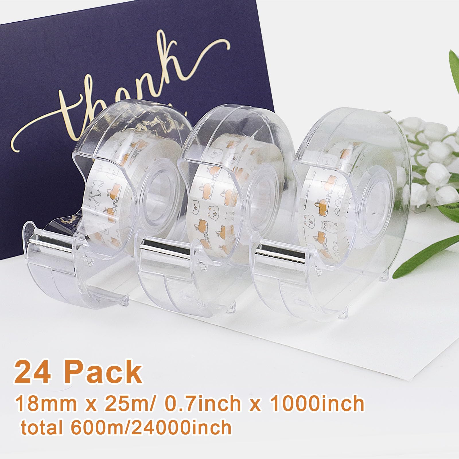 BOMEI PACK Lot de 24 rouleaux de ruban adhésif transparent avec distributeur en vrac pour bricolage, emballage cadeau, réparation, maison et école, 1,9 x 2,5 cm