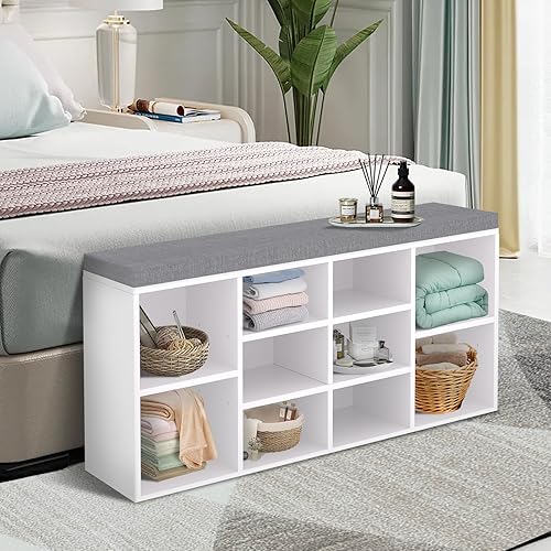 Miniatura 7 de YRLLENSDAN Banco de zapatos, banco de almacenamiento de 10 cubículos con asiento acolchado de 3 niveles, banco de zapatos, banco ajustable para