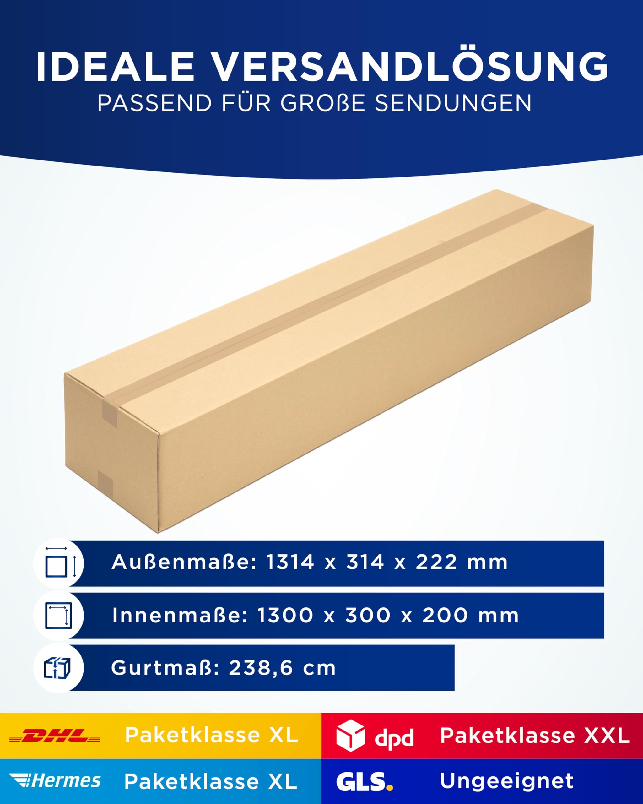 KK Verpackungen Versandkartons 1300 x 300 x 200 mm Braun 2-wellig (Außenmaß 1314 x 314 x 222 mm) | 5 Stück, Lange Faltkartons Kartons für Versand als Hermes Paketklasse XXL DPD GLS Paketklasse XL