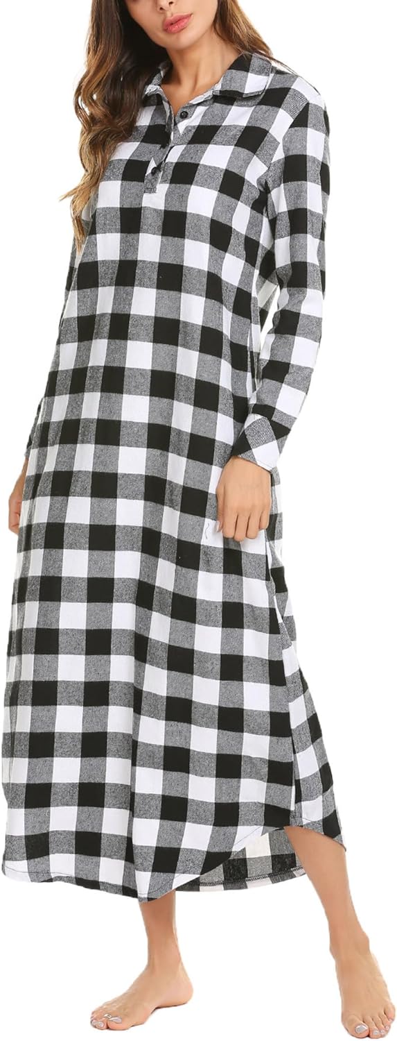 Ekouaer Women's Cotton Nightgown Long Sleeve Plaid Sleep Shirts Button Down Sleepwear with Pockets