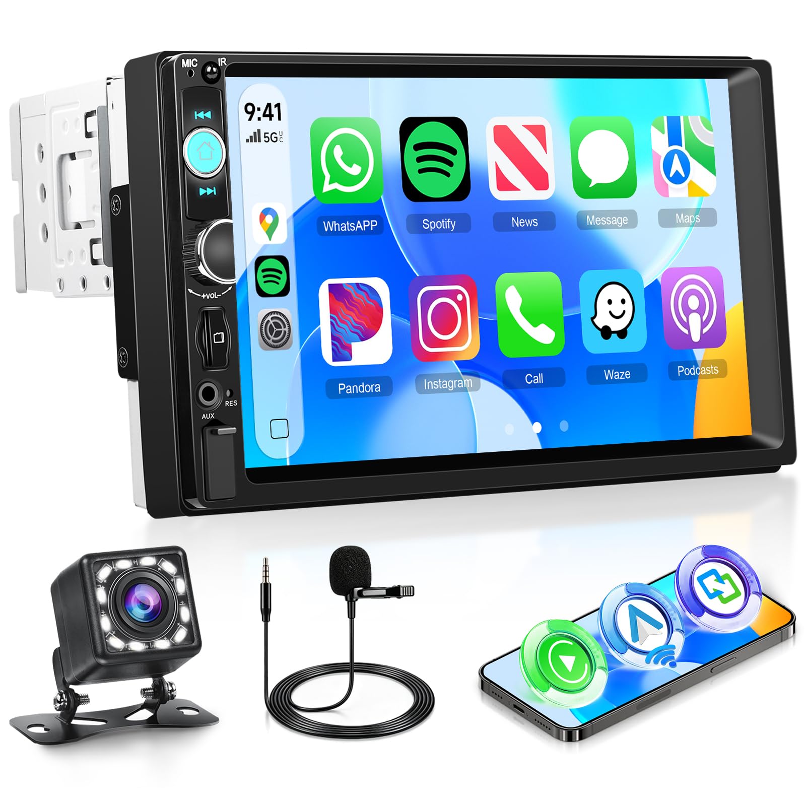 Rimoody Autoradio 1 Din con Senza Fili Carplay Android Auto You-Tube iOS/Android Mirror Link 7 Pollici Touchscreen Autoradio Bluetooth FM Radio USB/AUX/EQ Controllo del Volante Telecamera Posteriore