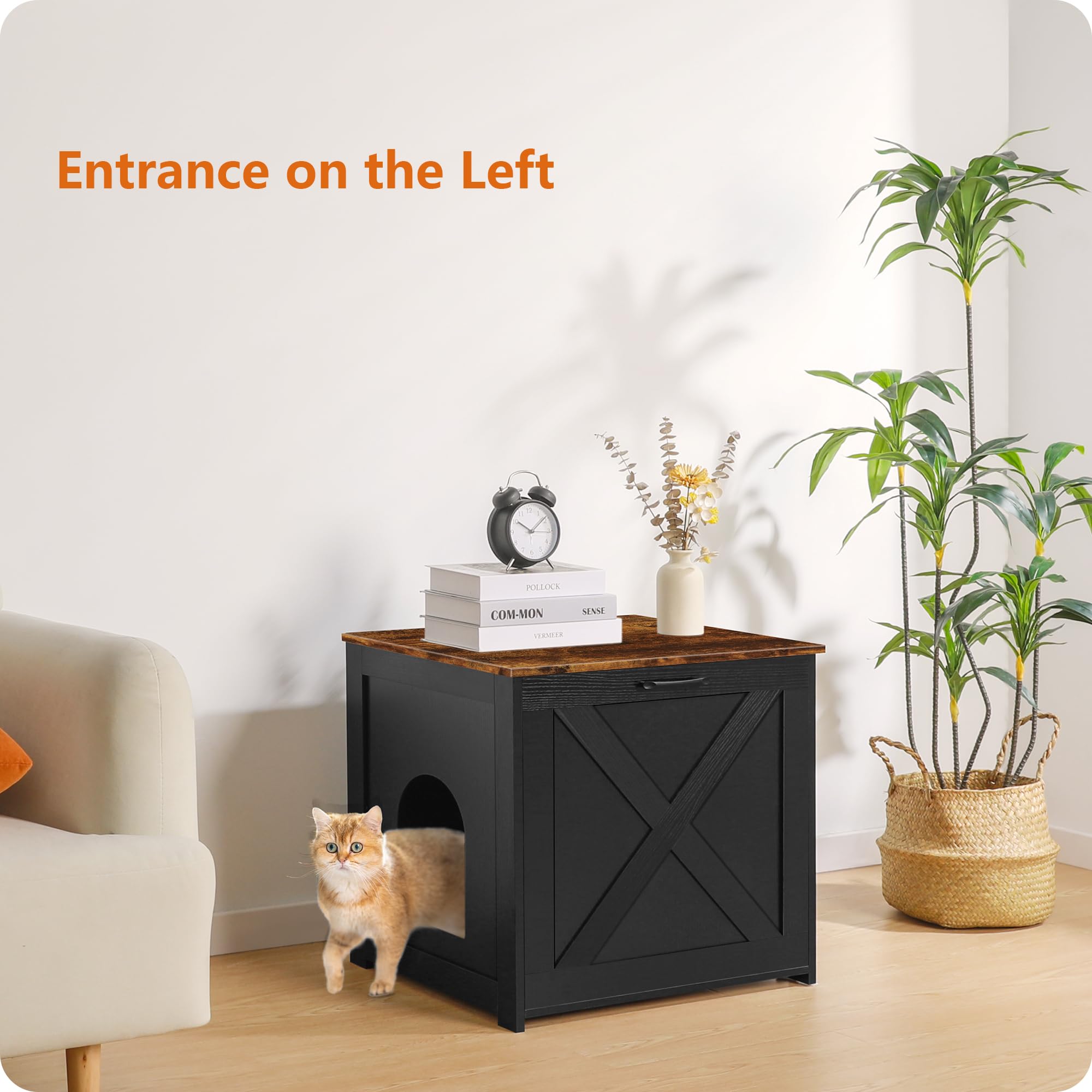 Dwanton Cat Litter Box Furniture Hidden, Cat Litter Box Enclosure, Reversible Entrance Can Be on Left or Right Side, Indoor Cabinet, Wooden Washroom, Nightstand, Black and Rustic Brown, 23.6" L - image 3