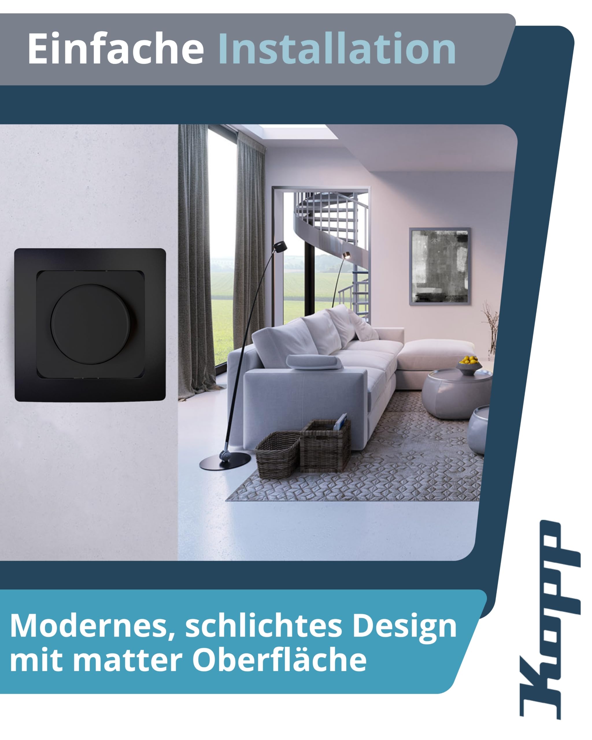 Kopp PARIS Universal-Dimmer-Schalter mit Drehknopf - Matt-Schwarz - Für 10-250W Glühlampen & 3-100W LED - Dimmbarer Lichtschalter mit Phasenan- & abschnitt - Druck-Wechselschalter mit Wellenadapter