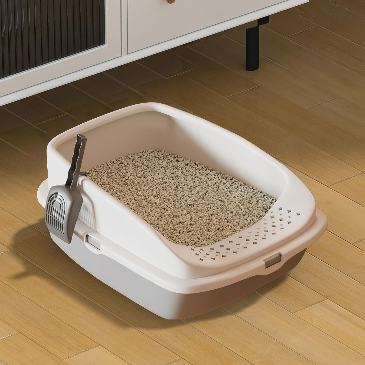 Cat Litter Tray Box, Litter Box, Plastic Cat Open Top Litter Tray with Free Scoop Kitten Detachable Rim Easy Cleaning,49 x 38 x 23cm (Grey)
