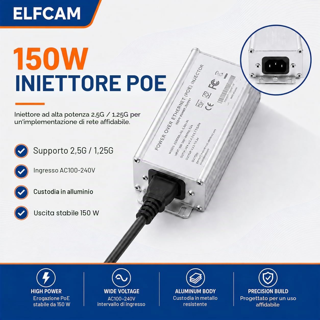 Elfcam - Iniettore PoE 150W 2,5Gb/1,25Gb per Starlink Gen 3 e 2, lega di Alluminio per Un'eccellente Dissipazione Del Calore, Ingresso 100-240V AC e Uscita 150W 48V-56V.