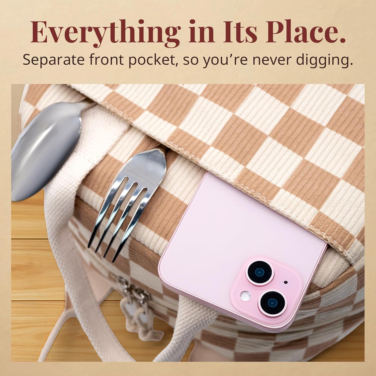 Insulated Brown checkered Lunch Bag for Women, Corduroy Tote with Aluminum Lining, Large Capacity Reusable Cooler for Work, Travel, Beach or Picnic, Checkered Water-Resistant Lunch Box - Image 6