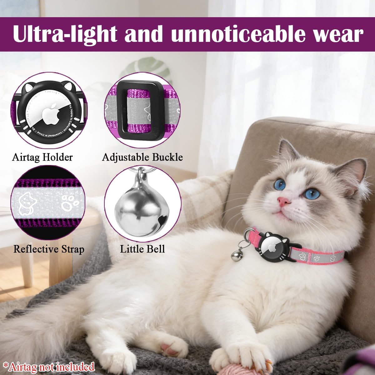 Cat Collar with Airtag Holder for Puppies Kittens, Pink, XS image 2