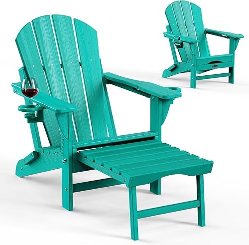 Silla plegable Adirondack para hoguera, para patio, resistente a la intemperie, con 2 portavasos, otomana retráctil Adirondack (azul lago)