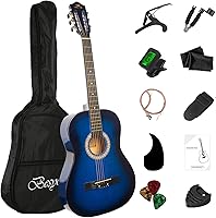 Vista 14 de Kit básico de iniciación de guitarra acústica de viaje de 96.5 cm para principiantes, con afinador, cejilla, cuerdas, enrolladores de cuerdas