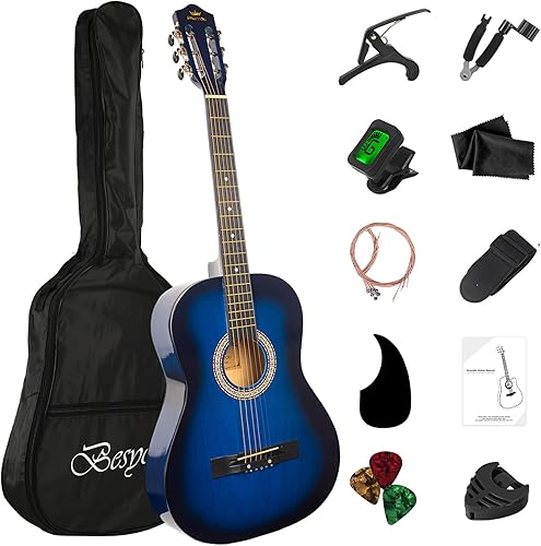 Miniatura 14 de Kit básico de iniciación de guitarra acústica de viaje de 96.5 cm para principiantes, con afinador, cejilla, cuerdas, enrolladores de cuerdas