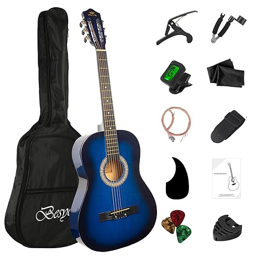 38in Beginner Acoustic Guitar Basic Starter Kit Tuner Bag Capo Strings Winders Strap Picks Student/Kids Guitar Pickguard with Gig Bag Blue