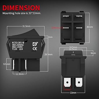 DaierTek DPST KCD4 Rocker Switch 40A 12V DC 4 Pin 2 Position Switch ON Off Toggle Switch 30A 250V AC 120V T125 KCD2 Boat Rocker Switch -3Pcs