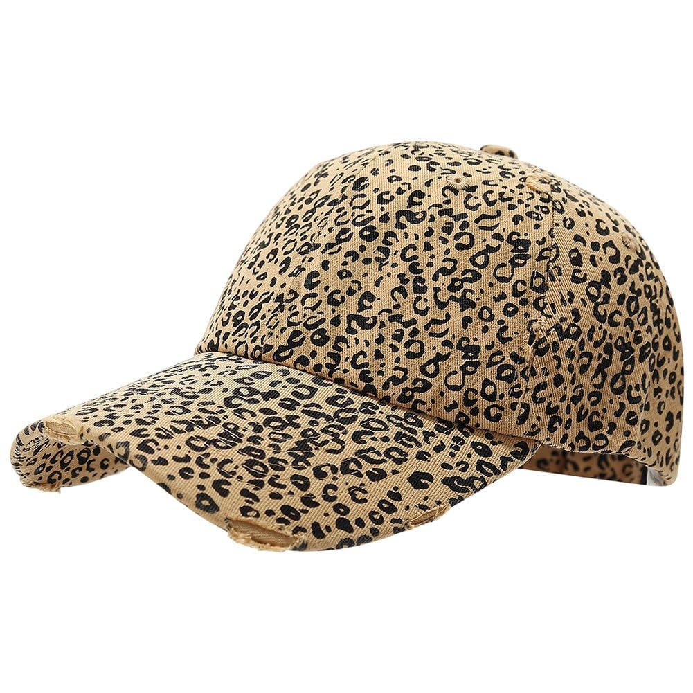 Sofezdo Leopard Print Baseball Cap Vintage Washed Distressed Trucker Hat with Curved Brim Unisex Adjustable Sports Sun Hat for Outdoor