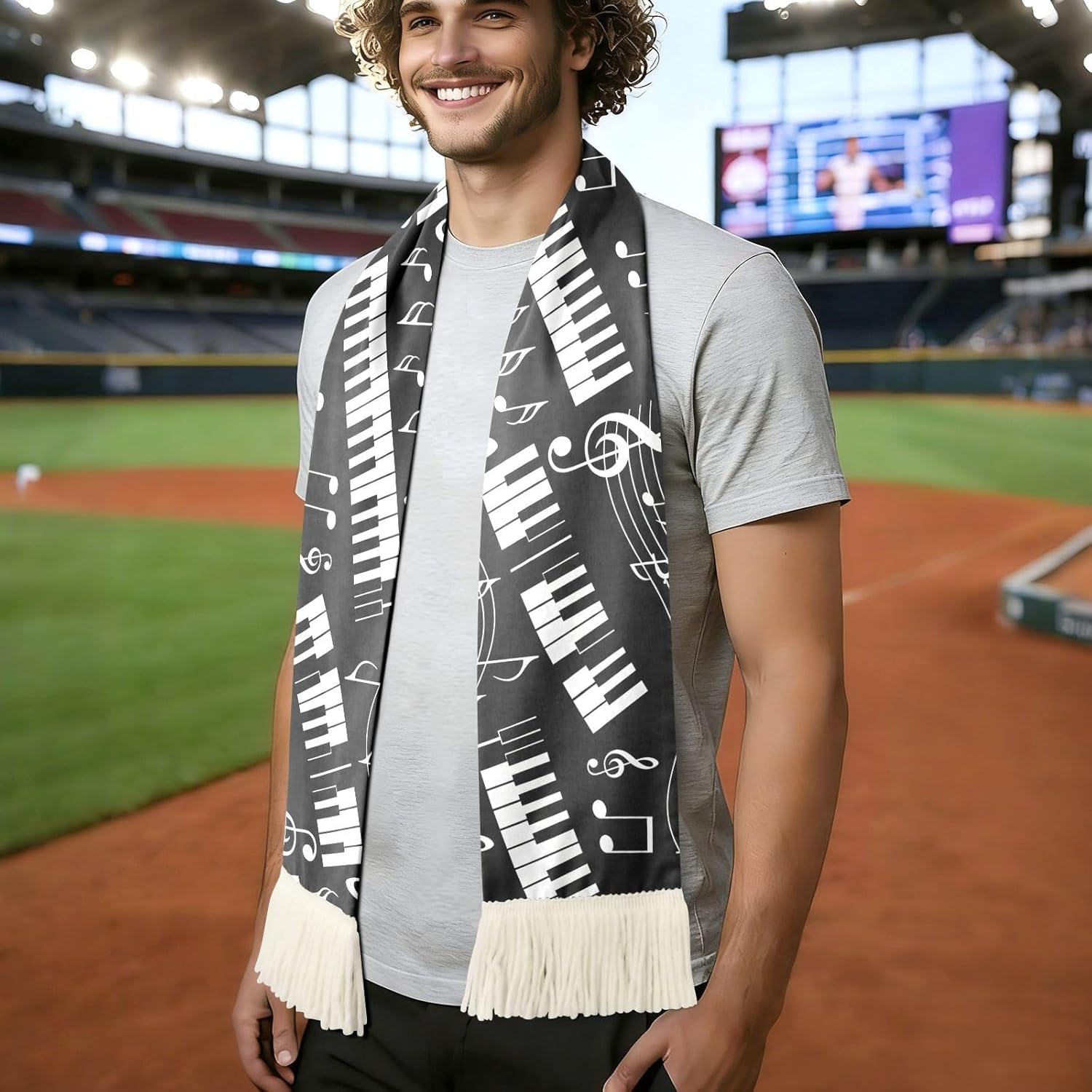CHIFIGNO White Piano Notes Black Sports Fan Scarf, Soft Absorbent Sweat Towel Wrap for Soccer Games, Cheering Rally Accessory