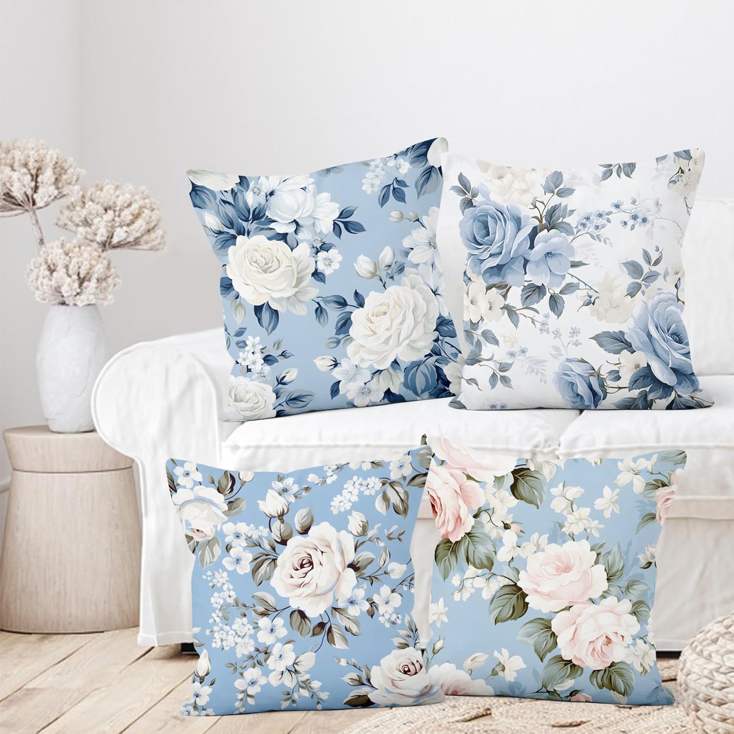 Blue Floral Throw Pillow Covers, Light Blue Flower Decorative Velvet Pillow case, Vintage Floral Pattern 4-Pack Double-Side Printed Pillowcases for Sofa Home Living Room, 18x18 in image 5