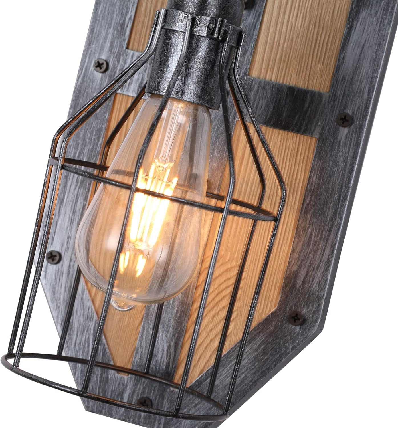 Grey Wooden Wall Sconce,1-Light E26 Industrial Farmhouse Wall Mount Lamp,Matte Black Finish,Iron Caged Lampshade Vintage Wall Light for Bedroom, Living Room, Bar, Porch