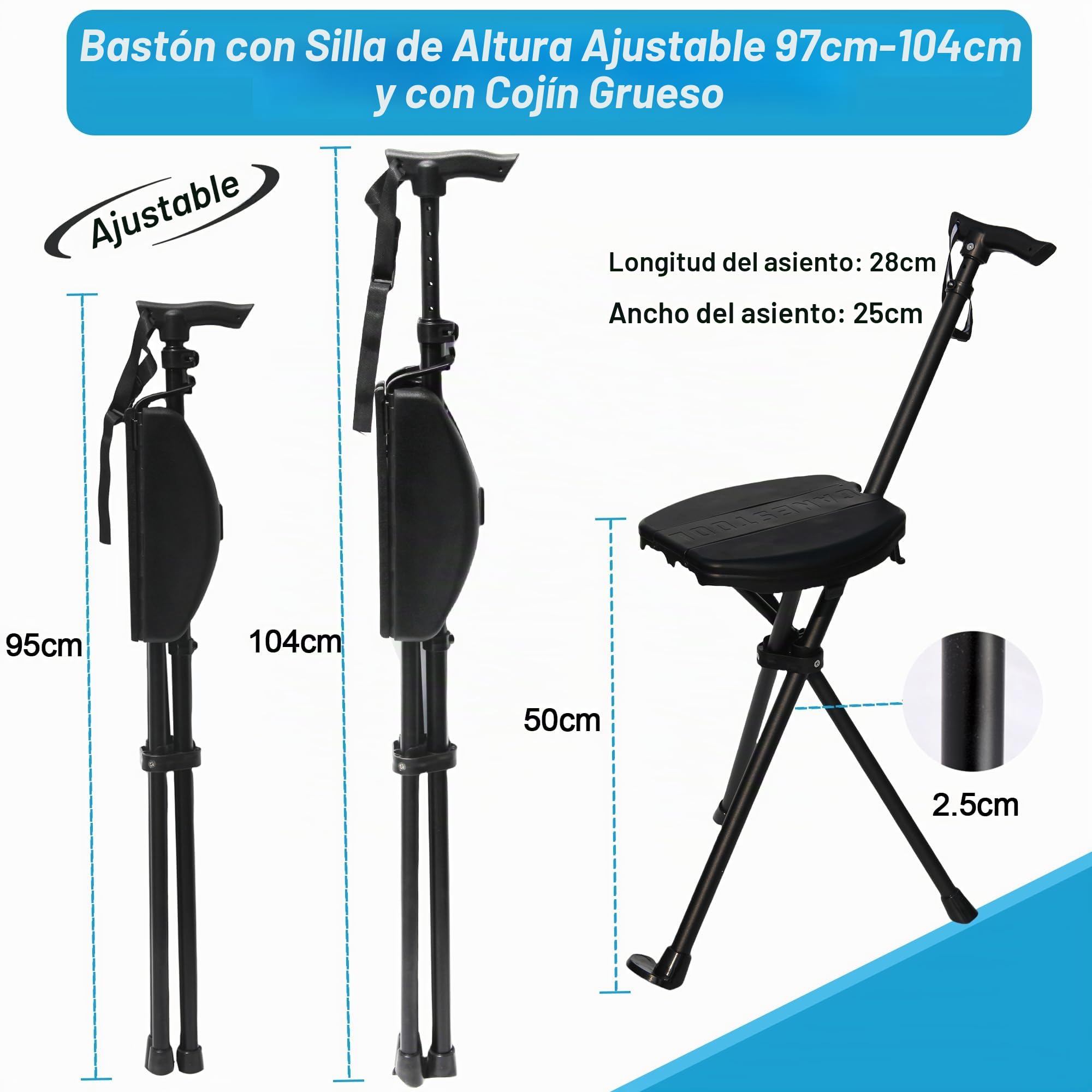 Bastón Mejorado con Asiento, bastón Plegable portátil, Bastones Ajustables para Mujeres y Hombres, bastón retráctil de Altura para Ancianos y Mujeres, Viajes al Aire Libre