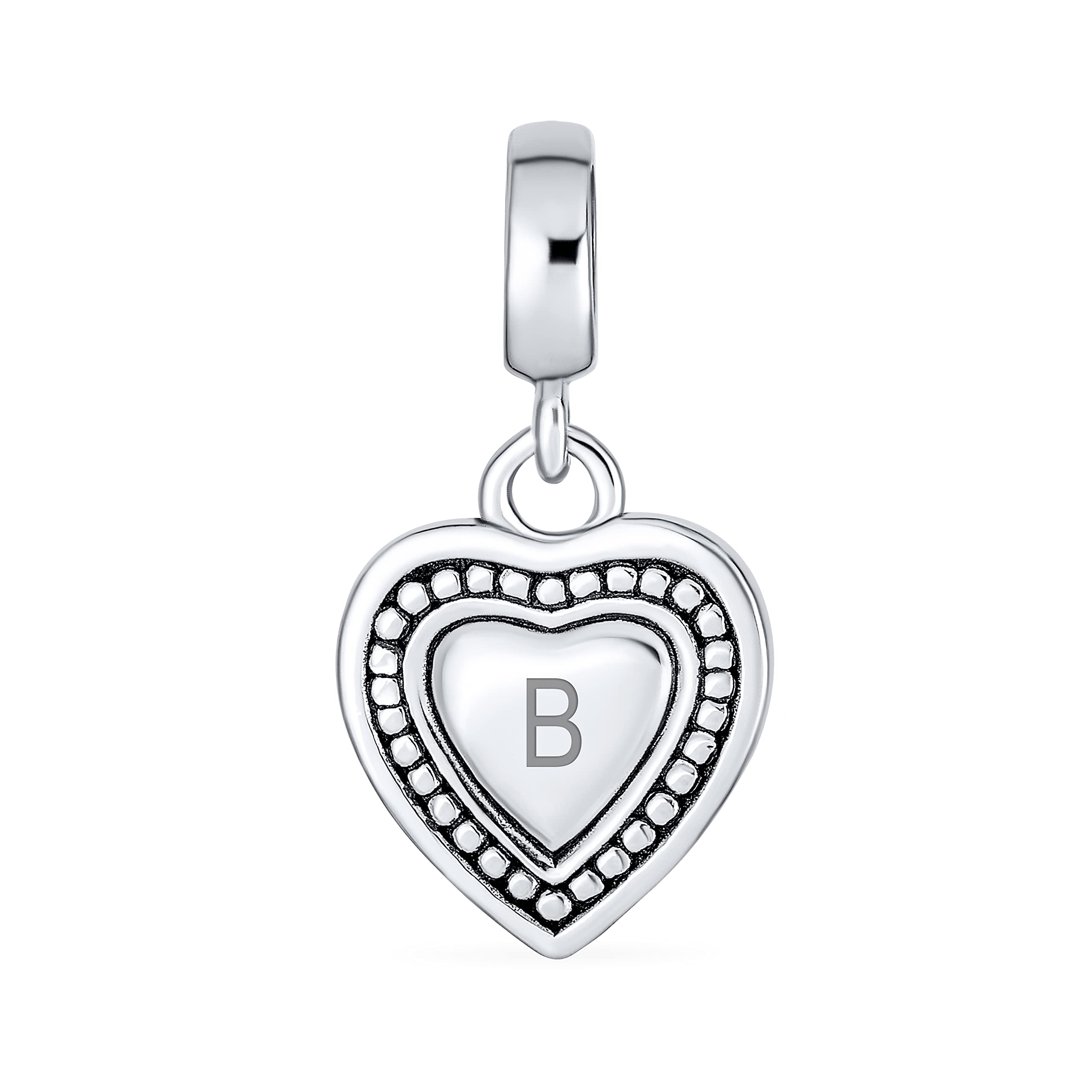 Bling JewelryVintage Style Personalized Gift Dangle Initial Alphabet A-Z Heart Charm Bead For Women For Teen Solid .925 Sterling Silver Fits European Bracelet Customizable