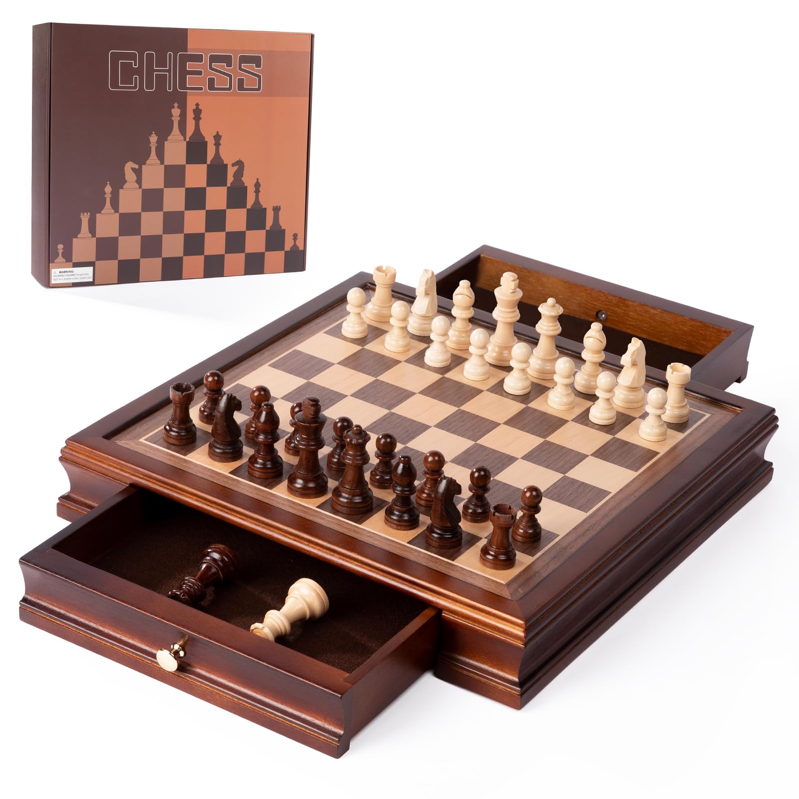 SANCHKEN 12.8" Wooden Magnetic Chess Set Classic Interactive Chess Board Game Set for Adults Chess Board with 2 Built-in Storage Drawers - 2 Extra Queen (brown-a)