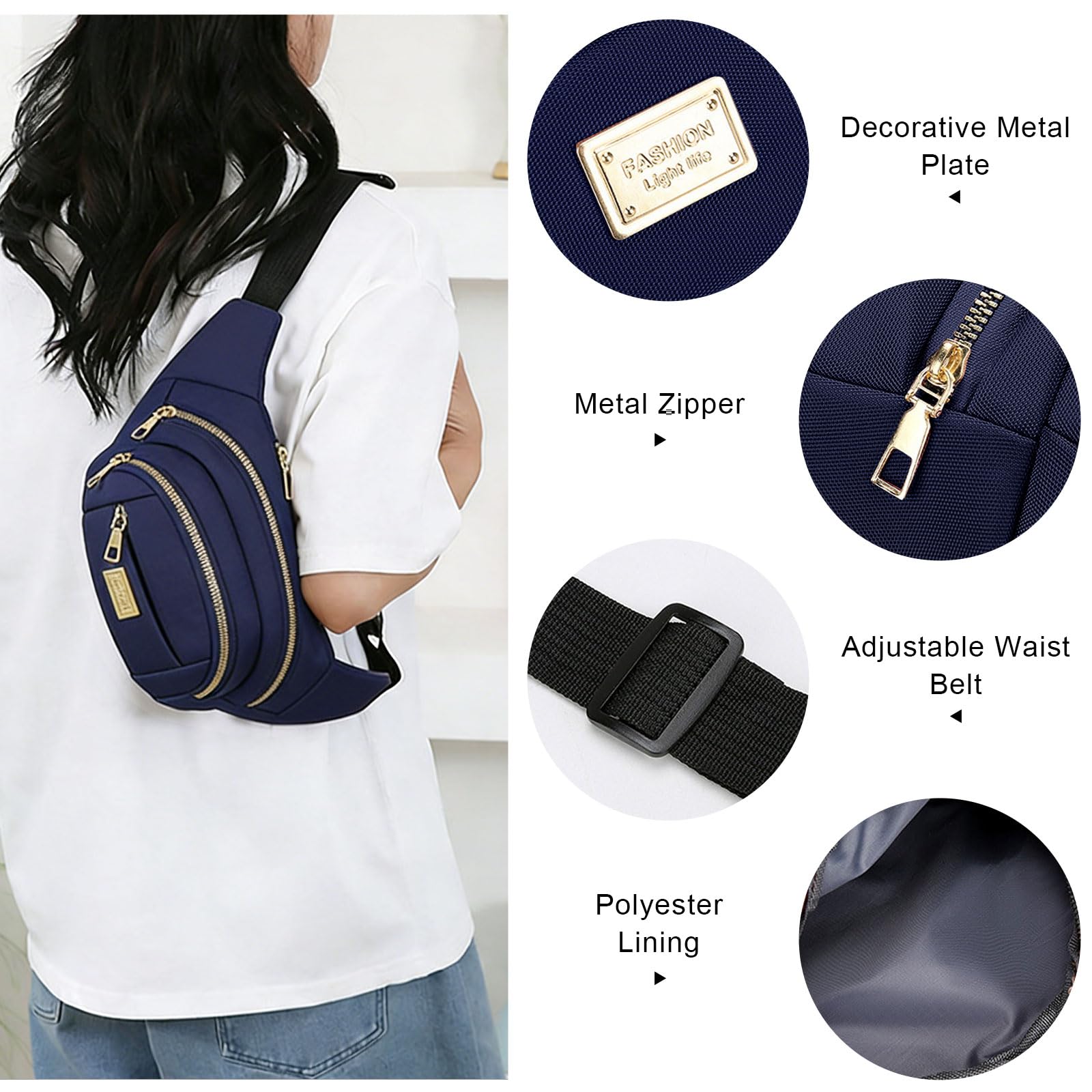 ADUDVLO Bumbags for Ladies Women Men Lightweight Adjustable Bum Bag Fanny Pack with 4 Zipper Pockets,Fashionable Waist Pack for Travel, Running, Hiking, Cycling (Black) — view 23