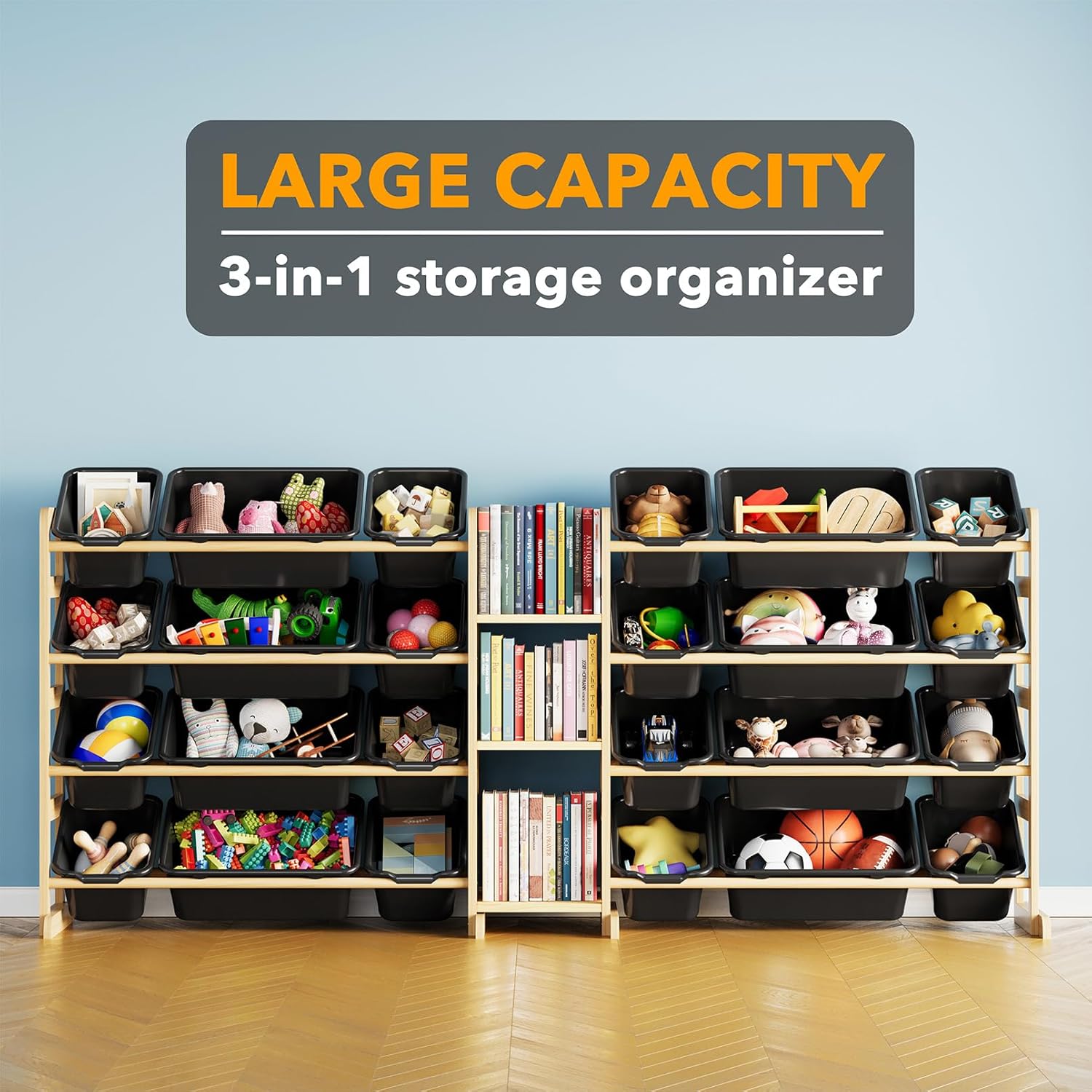 SpaceAid Large Toy Storage Organizer with 24 Bins and 3 Shelves, Toy Organizers Storage Bookshelf, Kids Bin Shelf Box Bookcase for Bedroom Playroom Organization Room Decor, True Black