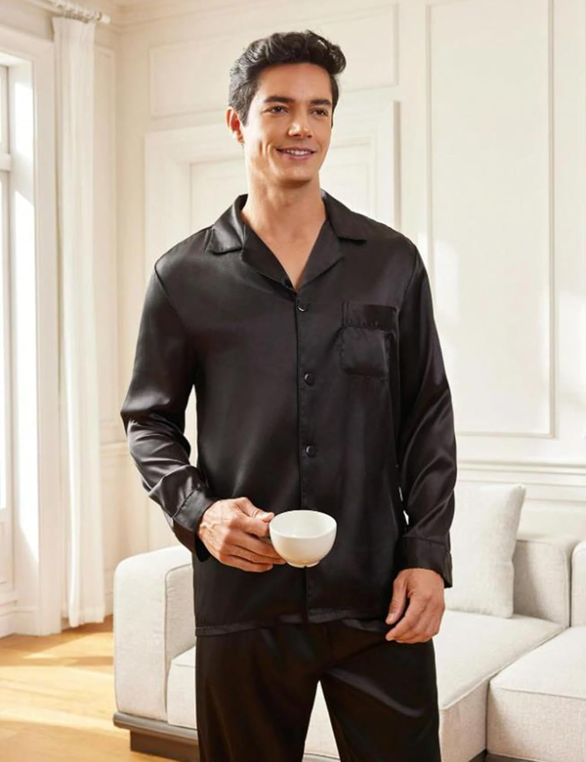 SWOMOG Men Pajamas Matching Pajamas Set Silk Satin Pj Long Sleeve Button Down Sleepwear 2 Pcs Loungewear - Image 3