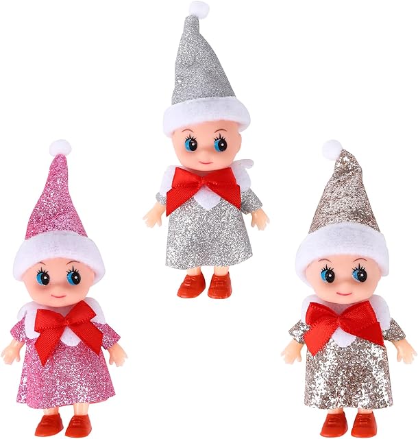3Pcs Christmas Elf Doll Baby Elf on the Shelf Baby Elf Doll Christmas Baby Tiny Christmas Elf for Girl and Boy Baby Doll Novelty Toys Xmas New Year Gift Stocking Stuffers (Gold Silver Pink)
