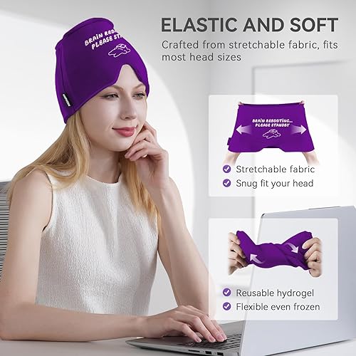 Vista 55 de KingPavonini Envoltura de cabeza de hielo, gorra ajustable para aliviar el dolor de cabeza de migraña con cordón, sombrero de migraña caliente/fría