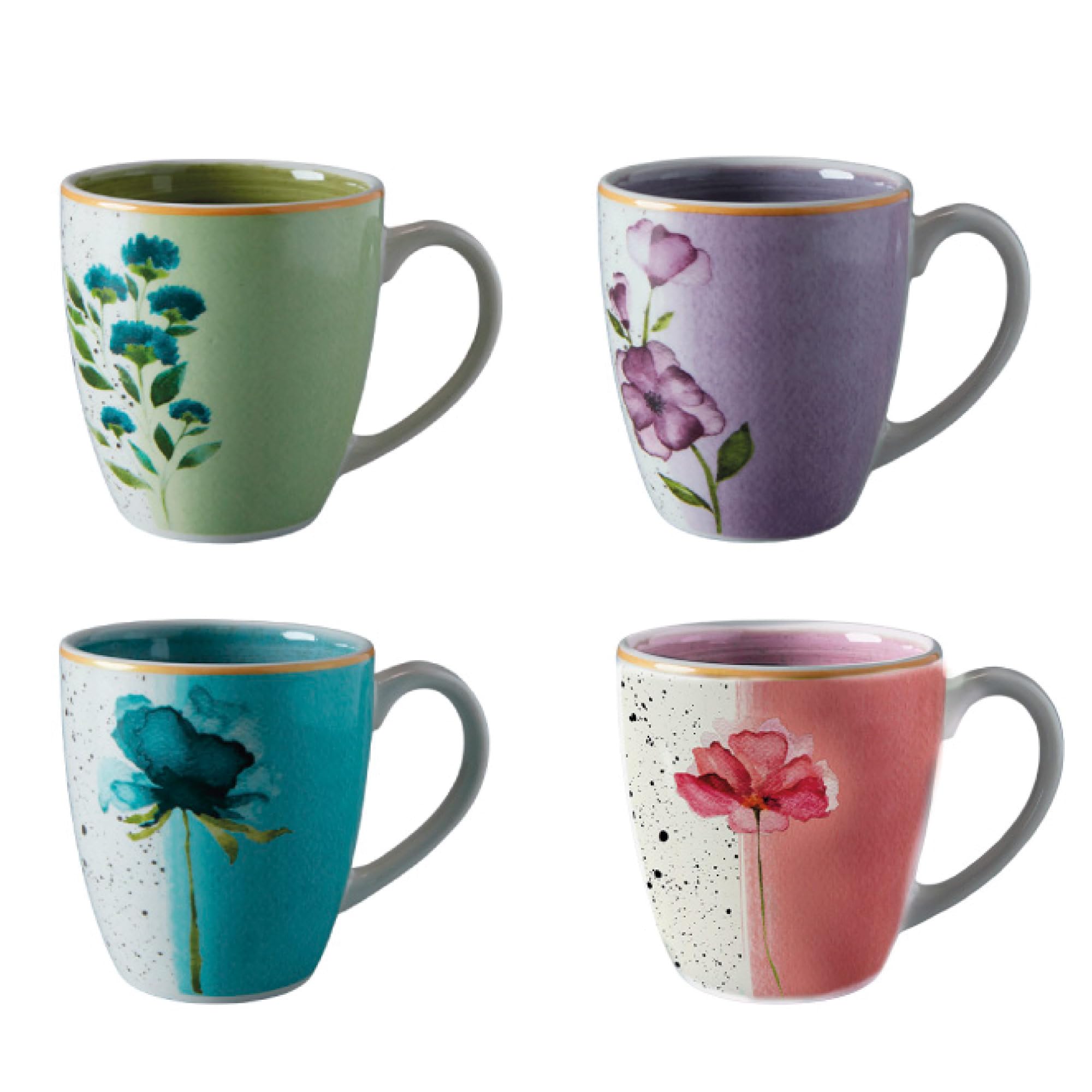 Corona Mugs set of 4 | Perfect for Coffee and Tea Lovers | Armonia | 13.4 Oz -380cc |Cerámica| Hand painted & romantic design| Multicolored Decor