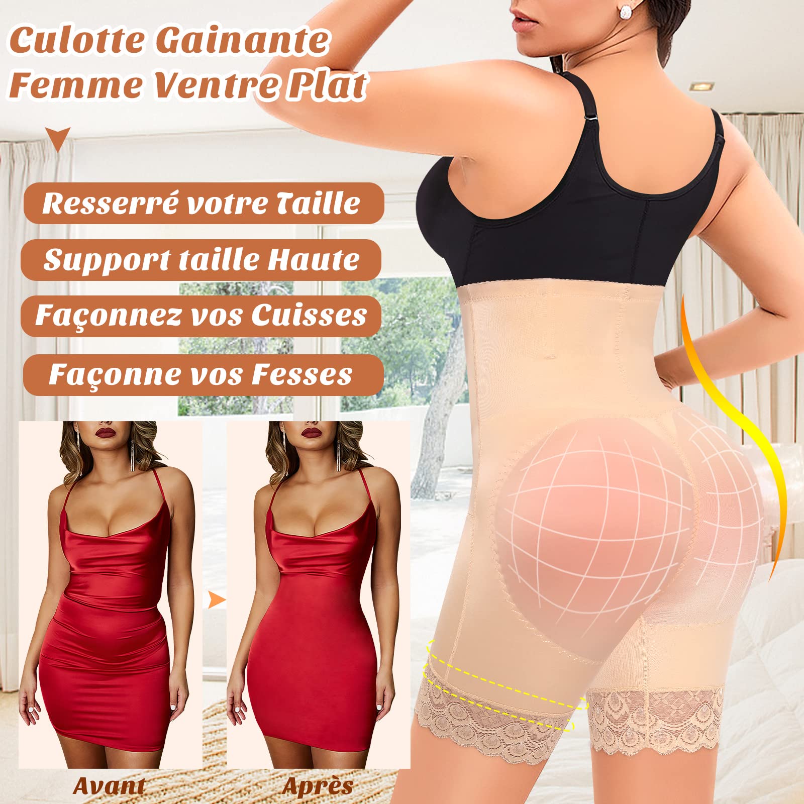 Short Gainant Femme Ventre Plat Dentelle Shorts