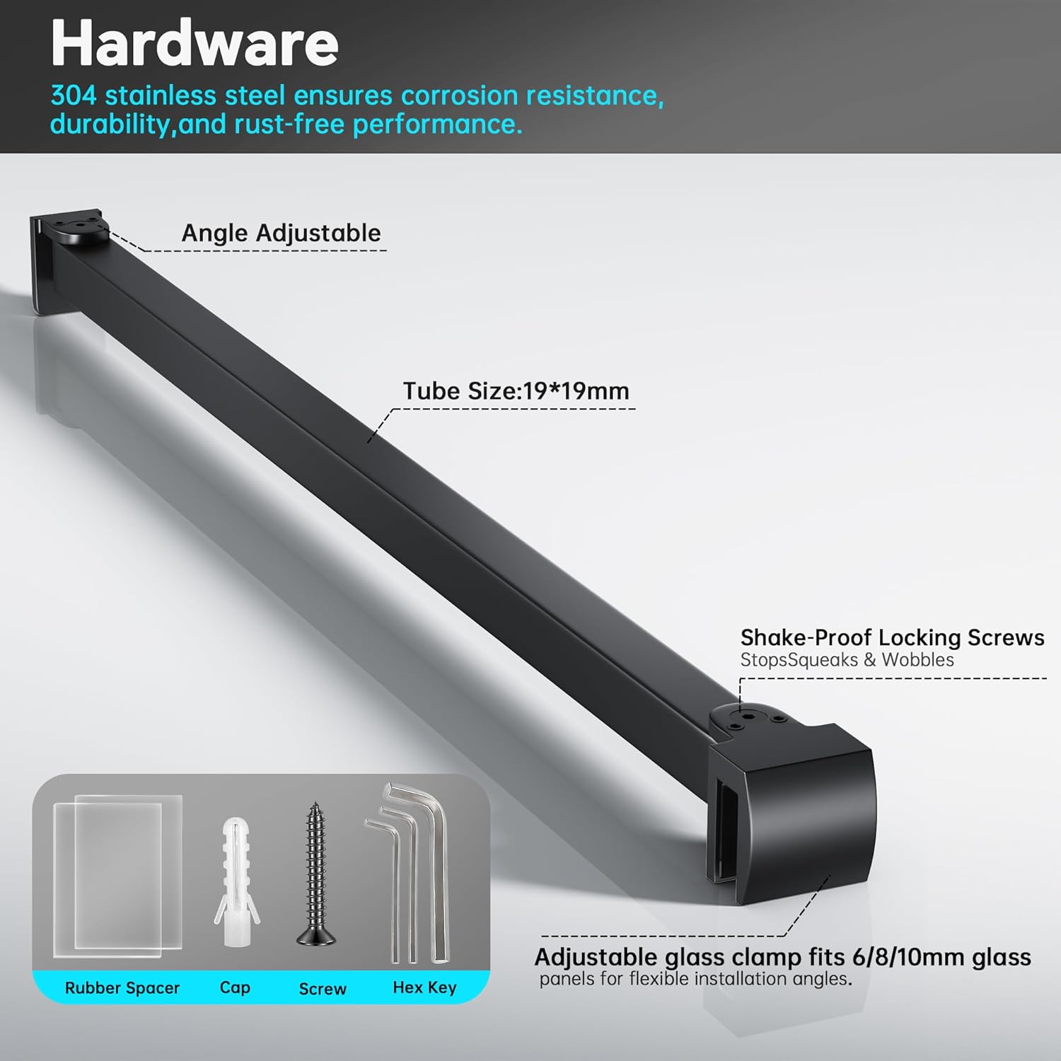 Frameless Shower Door Support Bar, Stainless Steel Wall-to-Glass Support Arm to Fixed Shower Glass Panel, for 1/4"-3/8" (6-10 mm) Door, 180° Pivot & Stow-Flat Mode (Matte Black, 15.8-inch(400mm)) Matte Black 15.8-inch(400mm)