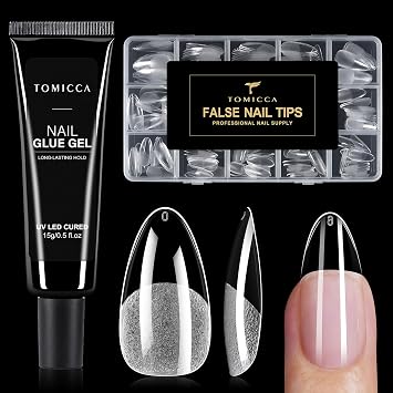 TOMICCA 240Pcs Medium Almond Nail Tips & 4 in 1 Nail Glue 15g