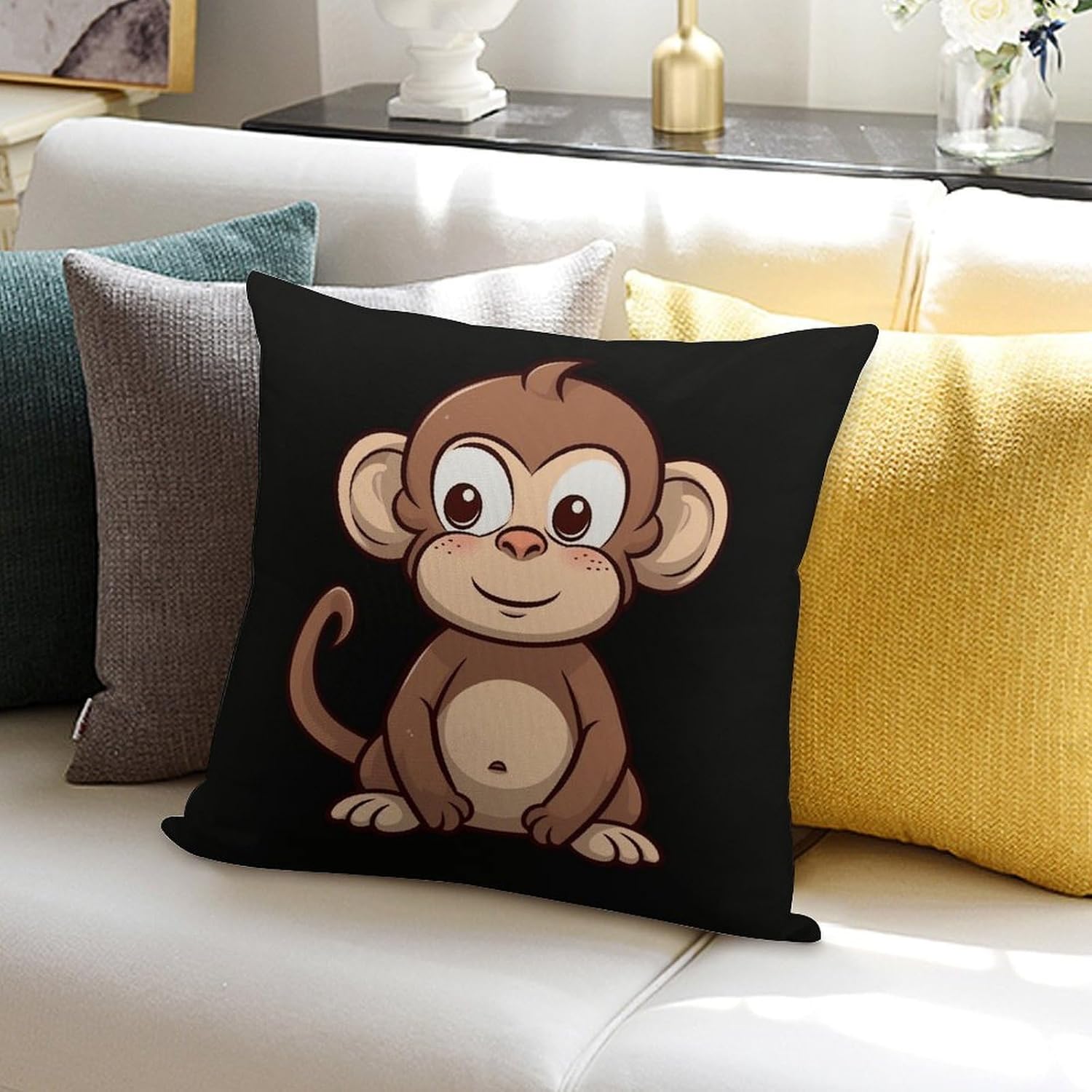 Cartoon Brown Monkey Throw Pillow Covers Fade-Resistant Square Pillowcase Removable Cooling Pillow Case Soft Pillow Shams Plush Cushion Cover Breathable Pillow Protector 18"x18"