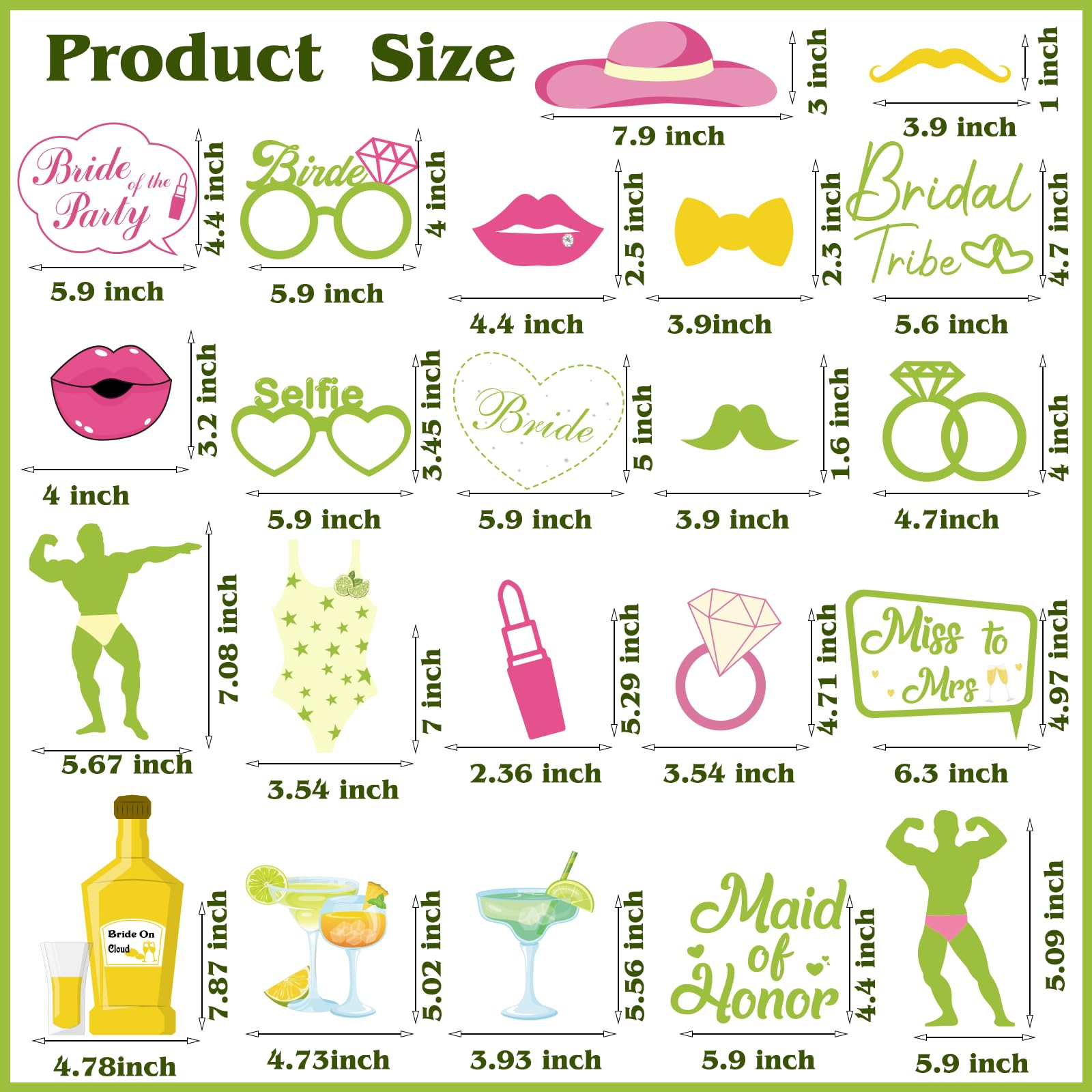 Accesorios para cabina de fotos de despedida de soltera, 22 piezas con temática de margarita, decoraciones de despedida de soltera para decoración de futura señora, novia de equipo, boda (verde lima)