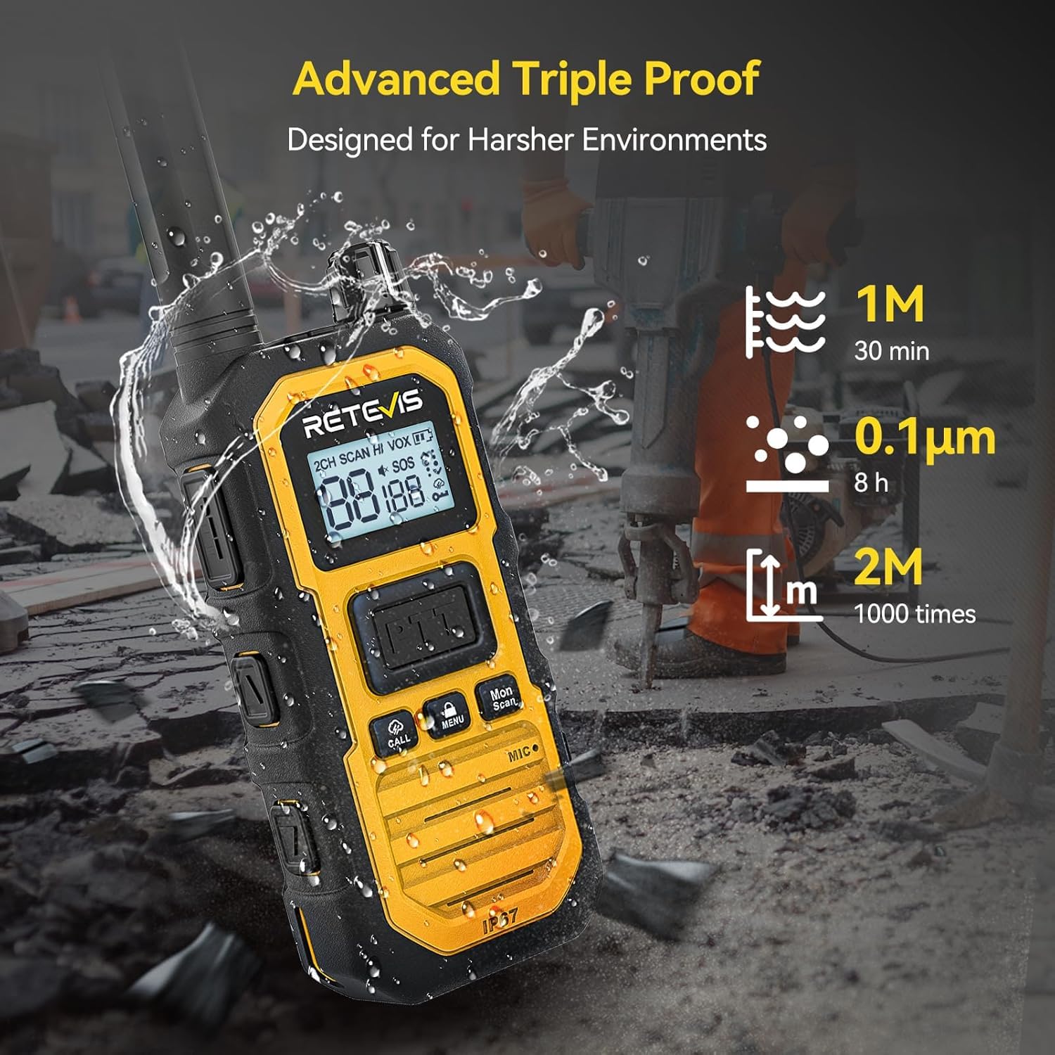 Retevis RB648 Plus Walkie Talkie a Lungo Raggio, Radio Bidirezionale Robust, Tripla Protezione Avanzata, Impermeabile IP67, 2000 mAh, Ricetrasmittenti Portatile per Ambienti Difficili(4 Pezzi, Giallo)