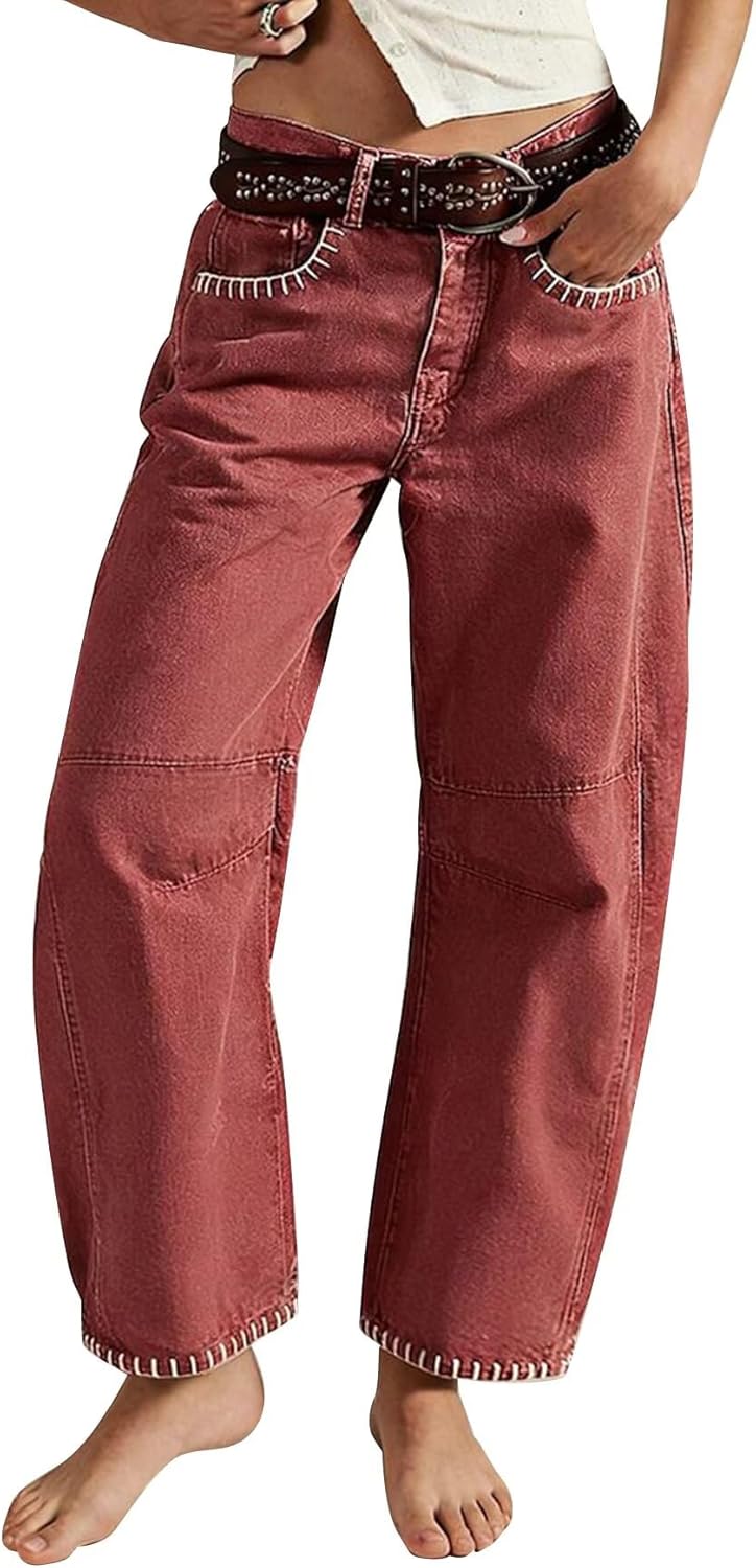 Flamingals Mid Rise Barrel Leg Pants for Women Contrast Stitch Trendy Loose Fit Pants Without Belt
