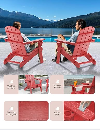 Miniatura 4 de Silla Adirondack plegable, sillas Adirondack de plástico texturizado de madera con soporte para 2 tazas, silla para hoguera de polietileno de alta
