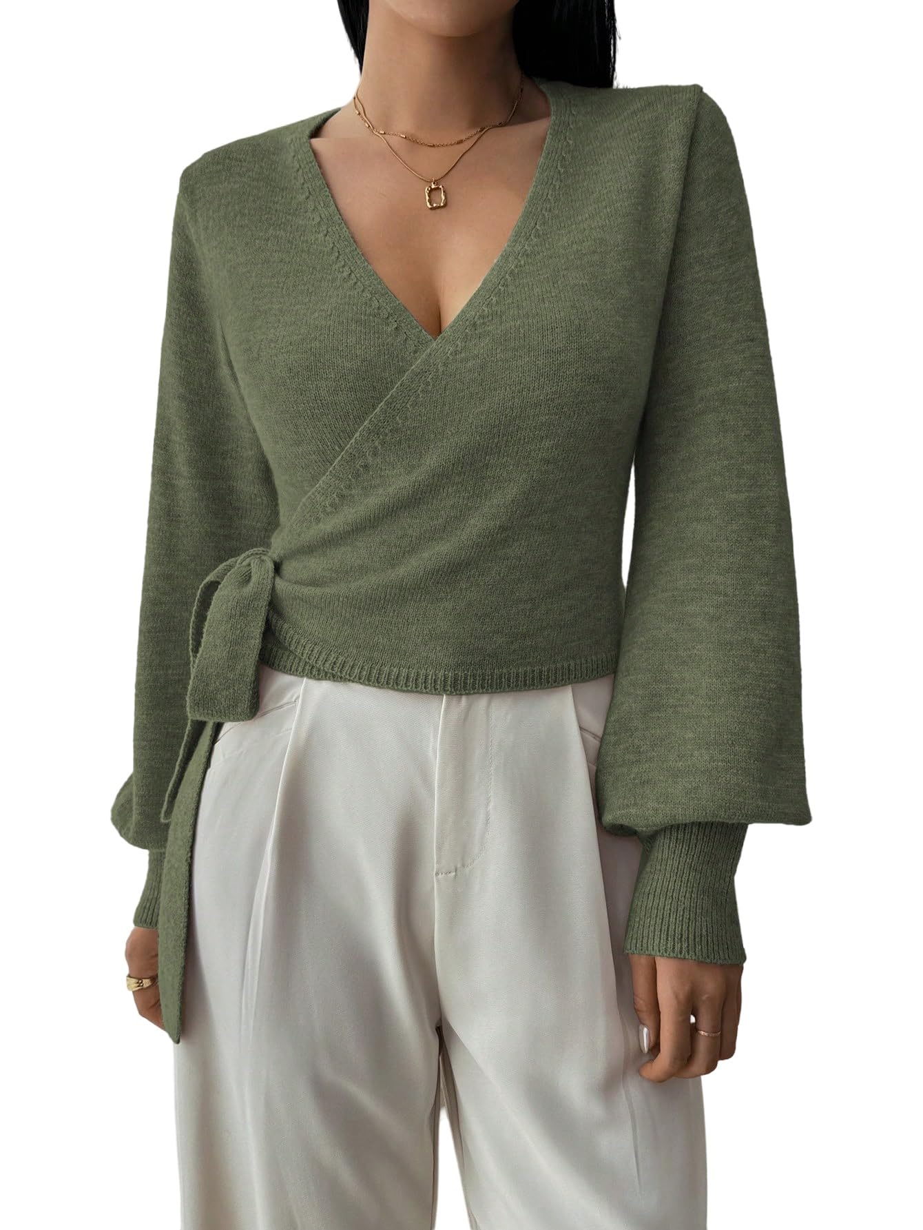 GORGLITTER Maglione da donna elegante con fiocco, maglia a V, maglione invernale a maniche lunghe, per autunno