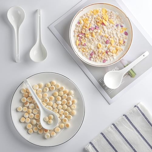 Miniatura 8 de Juego de 6 cucharas de sopa de cerámica chinas, cucharas japonesas blancas para el hogar, cocina, comedor, adecuado para Pho, Ramen, fideos