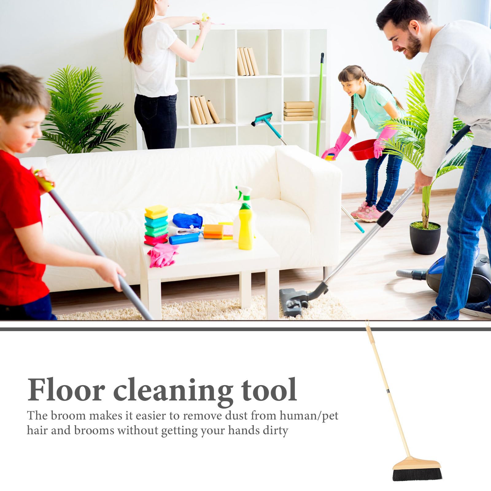 Scopa con setole morbide e manico lungo, 90 cm, ideale per interni ed esterni, per tappeti, piastrelle e pulizia, struttura in legno resistente