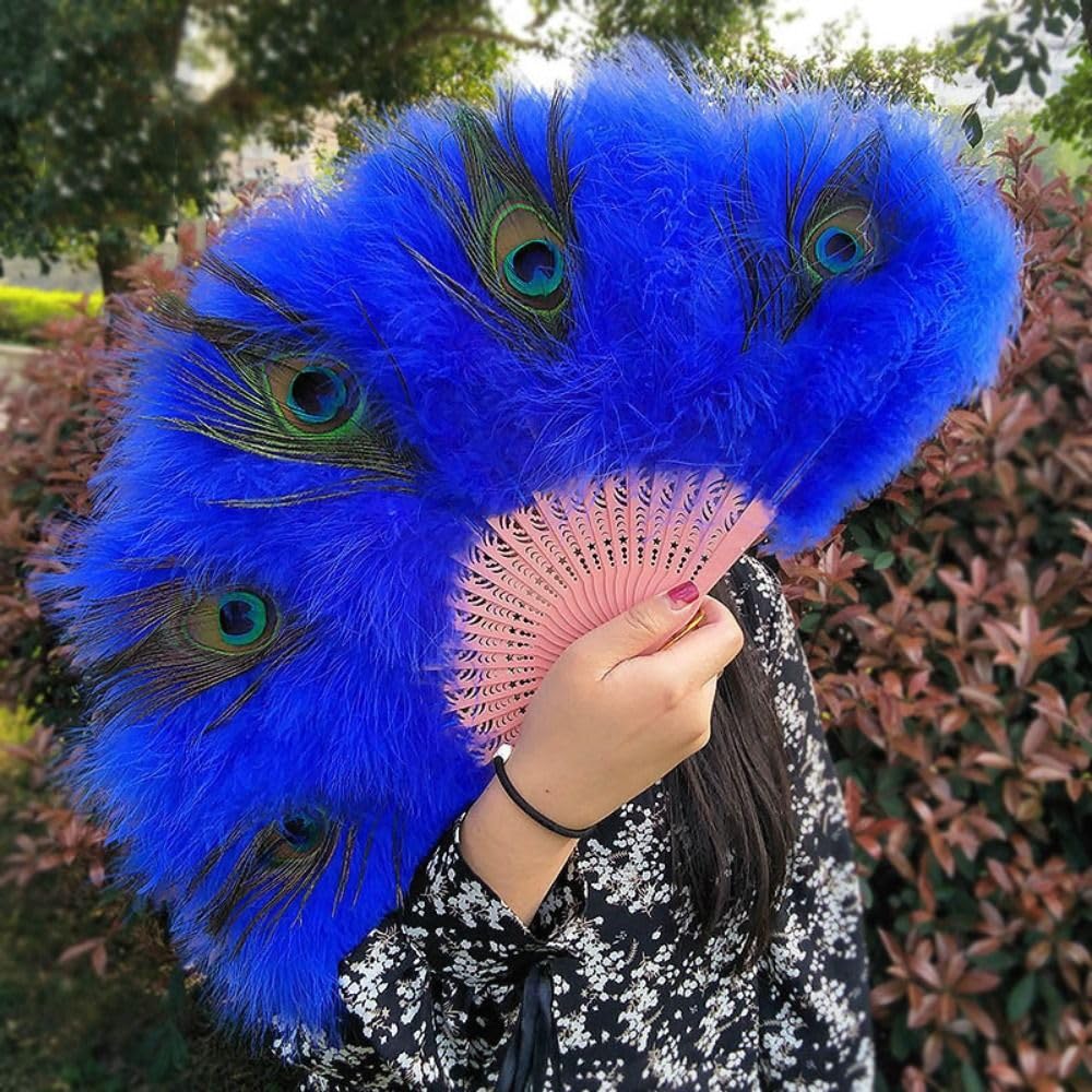 Abanico de plumas de pavo real plegable hecho a mano, decoración de boda, fiesta, baile, cosplay, ventilador portátil (azul)